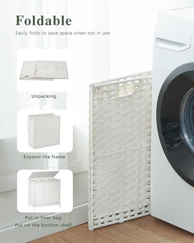 SETVSON Laundry Hamper with Lid,112 L Handwoven Rattan Wicker Laundry Basket, 2 Removable Liner Bags Metal Heightened Feet,6 Mesh Bags,2 Section Large Clothes Hamper for Bathroom Bedroom, Cloud White