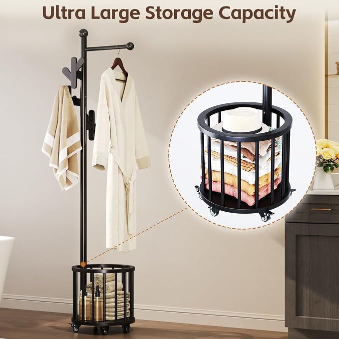 Uniclinens Freestanding Wooden Coat Rack with Umbrella Holder，Black Coat Rack with Hooks, Space-Saving Entryway Organizer for Hanging Clothes and Storing Towels, Bedroom, Living Room