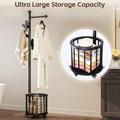 Uniclinens Freestanding Wooden Coat Rack with Umbrella Holder，Black Coat Rack with Hooks, Space-Saving Entryway Organizer for Hanging Clothes and Storing Towels, Bedroom, Living Room