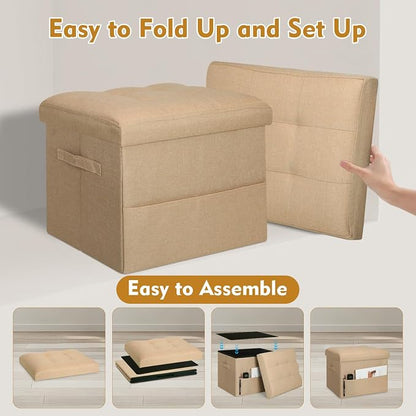 BelugaHelper Ottoman with Storage, Small Storage Ottoman Foot Rest with Thicker Foam Padded Seat. Foldable Linen Cloth Foot Stool for Living Room Bedroom, Holds Up to 300 lbs, 17x13x13IN(Beige)