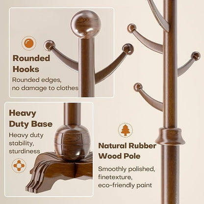 Hall Tree, Freestanding Wood Tree Rack with 7 Hooks, Coat Rack with Stable Sphere Base, Wooden Coat Rack Stand, Load 210 lb, Coat Hanger Stand for Entryway, Hallway, Bedroom, H:72 in, Walnut