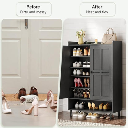 ONBRILL Shoe Cabinet with Cross Molding Doors, 6-Tier Shoe Storage Cabinet with 3 Adjustable Shelves and Metal Legs, 45'' Tall Shoes Rack Organizer Cabinet for Entryway, Front Door, Black