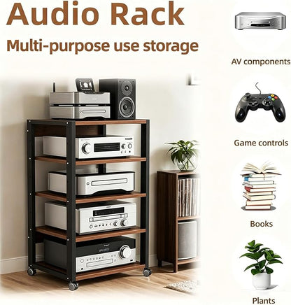 5 Tier AV Media Stand, Audio Rack Tower Stereo Components Cabinet, Home Theatre CD Record Player Stereo Receiver Equipment Rack with Adjustable Wood Shelves, Load 220lbs (Walnut Brown)