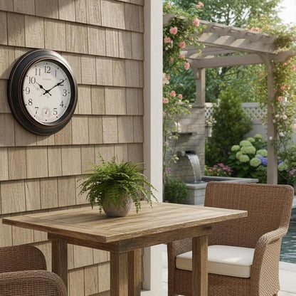 Large Outdoor Clock Waterproof 18" - Retro Indoor Outdoor Wall Clocks with Thermometer for Patio Pool Garden Living Room Decor,Bronze