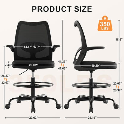 Tall Drafting Chair Ergonomic Home Office Desks Chairs Standing Desk Chair with Flip-up Armrests Adjustable Height Breathable Mesh Office Chair with Lumbar Support and Adjustable Footrest Ring Black
