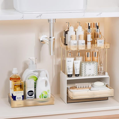 Delamu Bathroom Organizers and Storage, 2 Tier 3 Drawer Makeup Organizer Countertop, Easy to Install, Ideal for Bathroom Counter, Vanity, Ideal for Women Girls, Amber