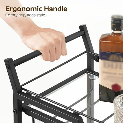 Bar Cart for The Home, Small Bar Cart on Wheels, Beverage Cart, Home Bar Serving Cart with Glass Holder, Drink Cart for Bar, Kitchen, Transparent and Black BC03BK