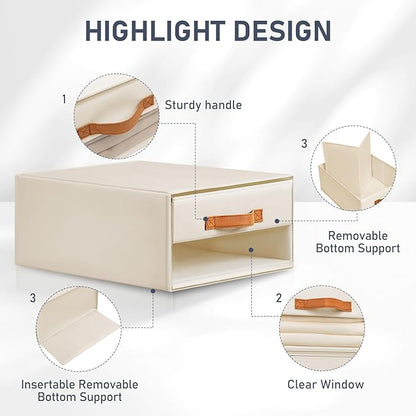 DIMJ Closet Organizers and Storage - Foldable Storage Bins with Drawers Fabric Stackable Storage Drawers with Clear Window,Fabric Clothes Organizers and Storage Drawers for Closet, 6-Pack, Beige