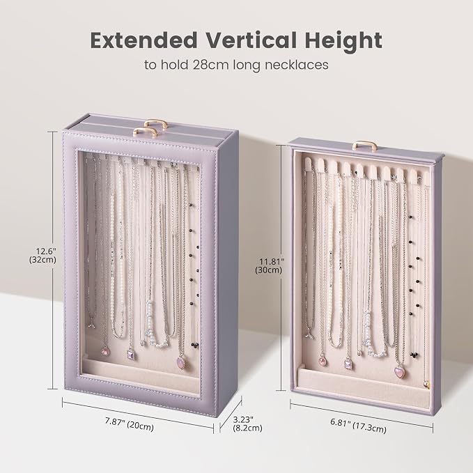 Lolalet Necklace Organizer Box, Jewelry Storage Box with Clear Window for Necklaces Bracelets, Tangle-Free Necklace Display Case for Women Girls, Dusty Purple, 2 Layers 20 Hooks