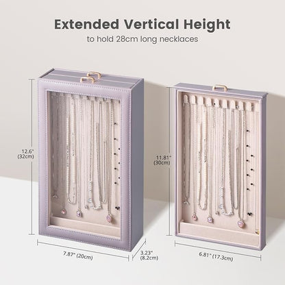 Lolalet Necklace Organizer Box, Jewelry Storage Box with Clear Window for Necklaces Bracelets, Tangle-Free Necklace Display Case for Women Girls, Dusty Purple, 2 Layers 20 Hooks