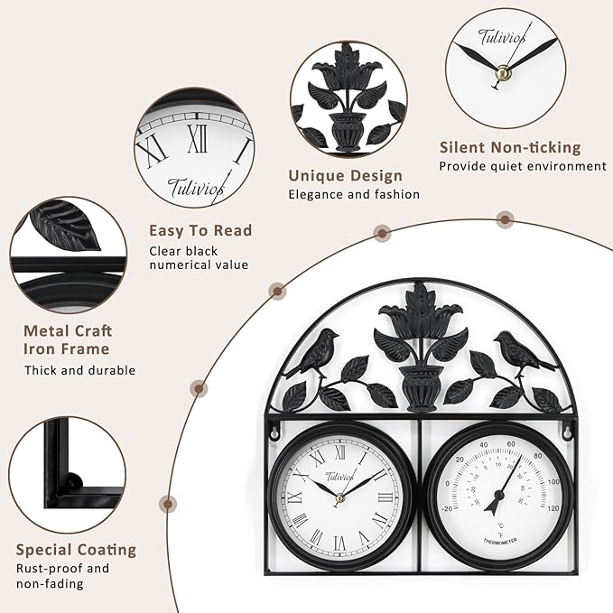 17Inch Large Outdoor Clock,Waterproof Wall Clock with Thermometer,Weatherproof Non-Ticking Quartz Battery Operated Decor Clock for Patio,Garden,Pool,Porch,House Warming Gifts