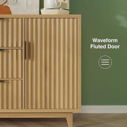 47.2" W Storage Cabinet with 3 Drawers, Fluted Buffet Cabinets with Storage, Large Sideboard with 2 Door, Modern Mid Century TV Stand Coffee Bar Furniture for Living Room, Kitchen, Entryway