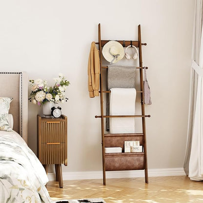 ELYKEN Blanket Ladder for Living Room, 5-Tier Wooden Towel Rack with Synthetic Leather Pocket, 4 Removable Hooks, Decorative Leaning Ladder Shelf for Bedroom, Walnut