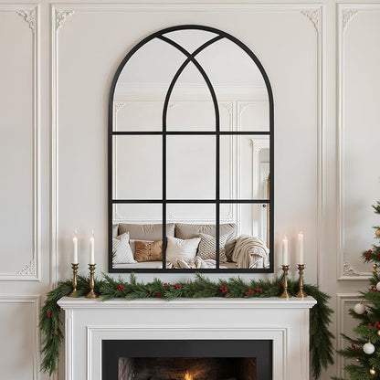 Arched Window pane Wall Mirror 24"x36", Window Shaped Farmhouse Style with Aluminum Frame, Decorative Wall Mirror Leaning Hanging for Living Room, Courtyard, Bedroom, Entryway, Black