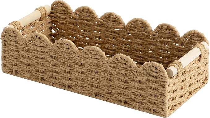 StorageWorks Toilet Paper Storage Basket, Living Room Organizers and Storage, Toilet Paper Basket with Wooden Handles, Small Paper Rope Scalloped Basket, Brown