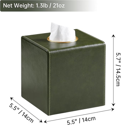 MEIBOOCH Square Tissue Box Cover, Luxury PU Leather Tissue Holder with Magnetic Closure (Dark Green)