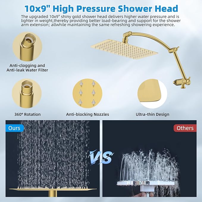 Hibbent All Metal cUPC Certified Shower Head, 10'' High Pressure Rain Shower Head, Handheld Showerhead Combo with 16'' Adjustable Extension Arm, 10 Sprays, 71'' Hose, Shower Holder, Brushed Gold
