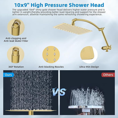 Hibbent All Metal cUPC Certified Shower Head, 10'' High Pressure Rain Shower Head, Handheld Showerhead Combo with 16'' Adjustable Extension Arm, 10 Sprays, 71'' Hose, Shower Holder, Brushed Gold