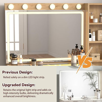 43" Fluted Makeup Vanity Desk with 32" Mirror and Lights, Modern Glass Top Large Vanity Table with 5 Drawers and 2 Storage Cabinets, Dressing Table Set with Charging Station for Bedroom-Gray