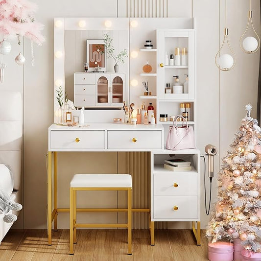 KAMABOKO White Modern Vanity Desk with Mirror & Lights, Makeup Vanity Table with 4 Drawers, 1 Glass Cabinet, 3 Lighting Color Adjustable, Girls Dressing with Stools for Bedroom