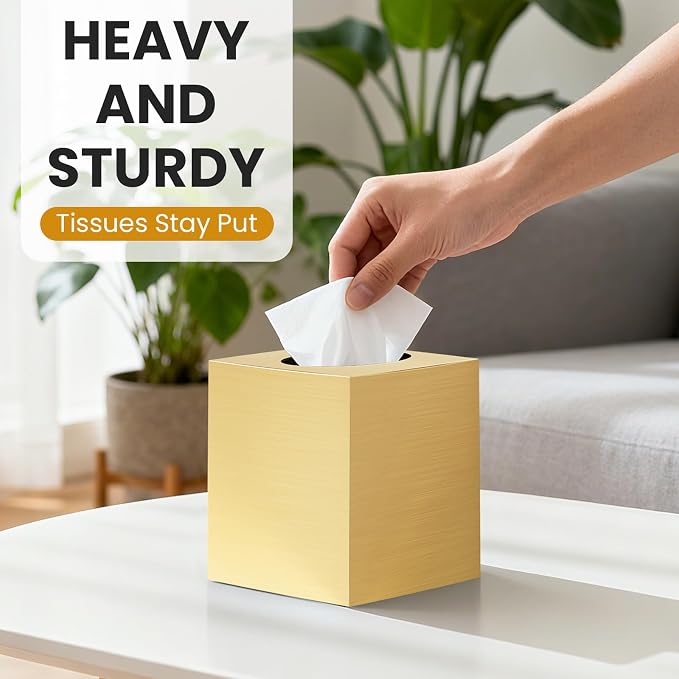 2 Pack Tissue Box Cover, Square Acrylic Tissue Holder, Decorative Facial Tissue Box Vessel Cube Paper Organizer Dispenser for Bathroom Office, Night Stand, Desk, Car, Vanity, Countertops, Gold