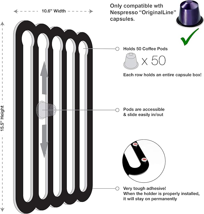 Demi's Home Adhesive Coffee Pod Holder for Nespresso Original Capsules (Measure Before Purchase) - Suitable to be Mounted Inside/Under the Cabinet or on the Wall (Black)