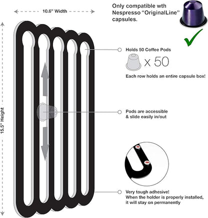 Demi's Home Adhesive Coffee Pod Holder for Nespresso Original Capsules (Measure Before Purchase) - Suitable to be Mounted Inside/Under the Cabinet or on the Wall (Black)