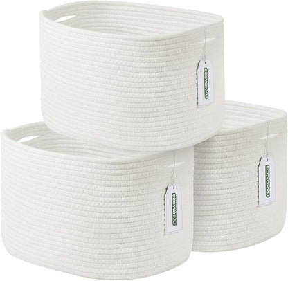 Cotton Rope Storage Basket, 15x10x9 Inches, Woven Basket for Shelves, Clothes, Towels, Books, and Laundry, White (3 Pack)