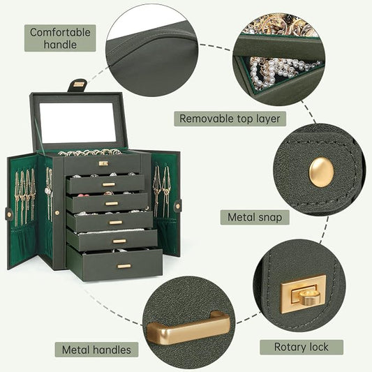 AKOZLIN 6-Tier Jewelry Box Organizer Functional 5 Drawers Leather Jewelry Storage Case for Women Girls Ring Necklace Earring Bracelet Holder Organizer with Mirror Medium Dark Green