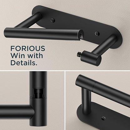 FORIOUS Toilet Paper Holder, Adhesive or Screw Wall Mount Pivoting Tissue Roll Holder for Bathroom, Stainless Steel Rustproof Self Adhesive Toilet Paper Roll Holder no Drilling, Matte Black