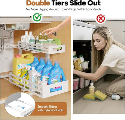 2-Pack 17"Deep Under Sink Organizer And Storage, 2-Tier L-Shaped Pull Out Cabinet Organizer with Upgraded Slide Rails, Height Adjustable Drawers for Kitchen&Bathroom, Extra-Large Storage Shelves–White