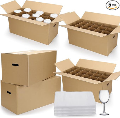 5 Sets Glass Packing Kit for Glasses and Stemware Includes Kitchen Moving Boxes Cell Divider Unit Foam Pouches Glass Packing Boxes for Moving Glasses Wine Dish(24 x 12 x 11 Inch)