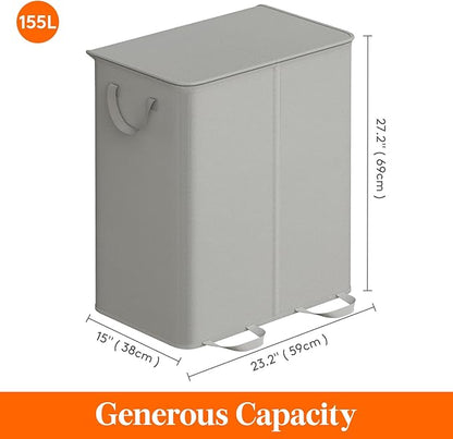 Lifewit Double Laundry Hamper with Lid and Removable Laundry Bags, Large Collapsible 2 Dividers Dirty Clothes Basket with Handles for Bedroom, Laundry Room, Closet, Bathroom, College, 155L Silver Gray
