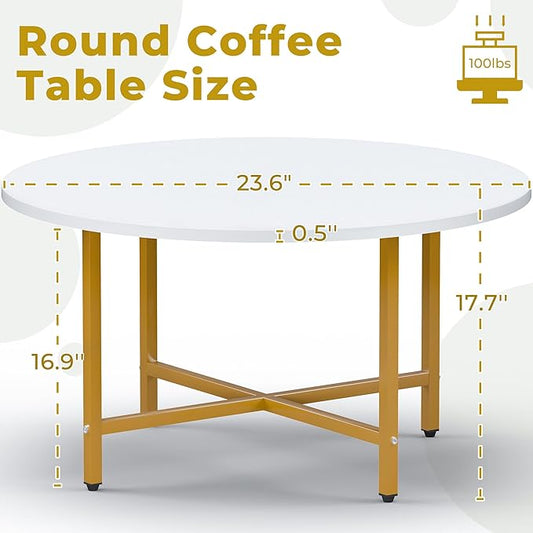 FAMIDGE Coffee Table, 23.6" Coffee Tables for Living Room, Round Coffee Table with Metal Frame, Floor Table for Sitting on The Floor, Home, Office, White & Gold Legs