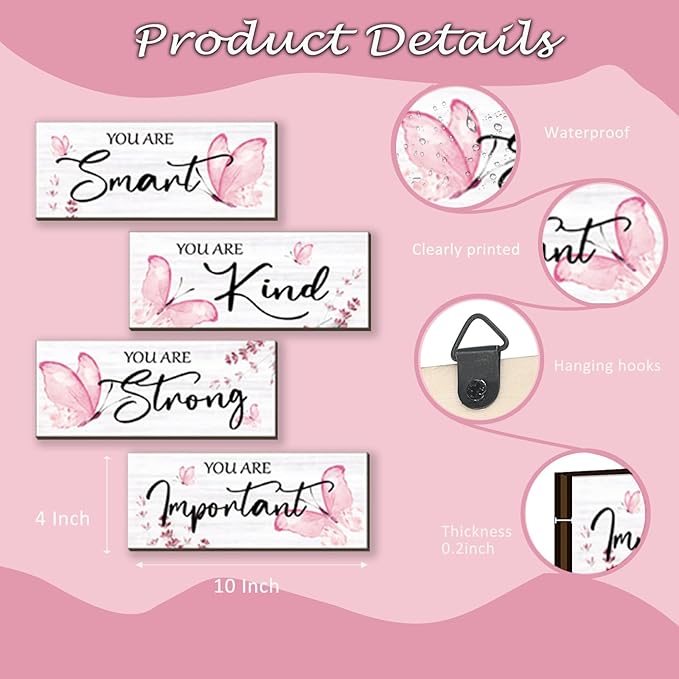 DONFENTHY 4 Pcs Butterfly Wall Decor Pink Room Decor Wooden Positive Butterfly Decor with Inspirational Word Sign for Teen Girls Women Room Bathroom Bedroom Office(Pink,10x4 Inch)