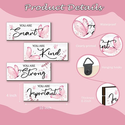 DONFENTHY 4 Pcs Butterfly Wall Decor Pink Room Decor Wooden Positive Butterfly Decor with Inspirational Word Sign for Teen Girls Women Room Bathroom Bedroom Office(Pink,10x4 Inch)