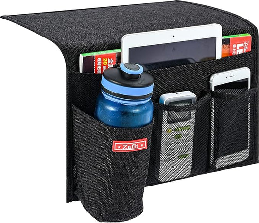 Zafit Linen 4 Pockets Bedside Caddy, Bedside Storage Organizer with Water Bottle Holder for Magazine, Remotes, Phone (Black)