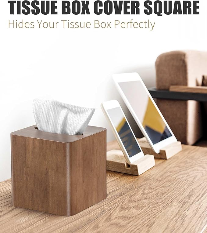 Livelab Tissue Box Cover Square - Oak Wood Tissue Box Holder for Living Room, Dinner Table, Bathroom, Office - Decorative Wooden Cube Facial Tissue Cover for Modern Farmhouse Home Decor | Brown