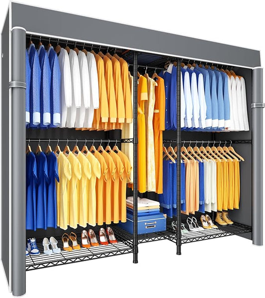 Ulif E12C Pro Heavy Duty Closet Organizer System，Freestanding Clothing Racks for Hanging Clothes，Adjustable Garment Rack 71"W x 16"D x 76.5"H Hold 960lbs，Black Clothing Rack with Grey Dustproof Cover