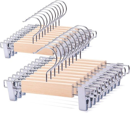 Nature Smile 20 Pack 10.2 Inches Unfinished/Natural Kids Baby Toddler Infant Children Solid Wooden Pants Skirts Hangers Wood Trousers Bottom Hangers with 2-Adjustable Clips 360° Stronger Swivel Hook