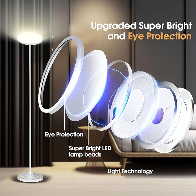 30W/2600LM Bright Floor Lamp with Remote Control, RGB Color Changing Torchiere Floor Lamp, Stepless Adjust Color Temperatures and Brightness for Bedroom and Play Room