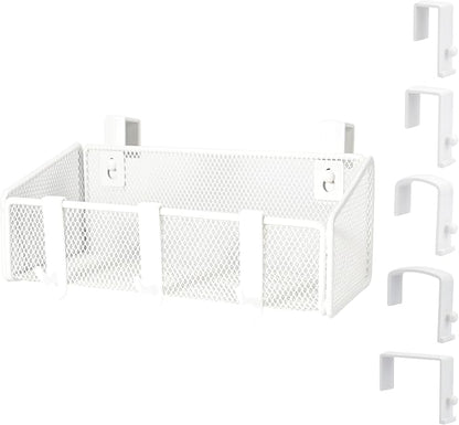 JDYOOMI Bedside Caddy Shelf Hanging Storage Basket for Bunk Bed and Office Cubical Walls,Baby Bed Rails,College Dorm Bed Organizer - 5 Pairs Sized Hooks-for Phone Glass Magazine Decor (White)