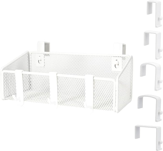 JDYOOMI Bedside Caddy Shelf Hanging Storage Basket for Bunk Bed and Office Cubical Walls,Baby Bed Rails,College Dorm Bed Organizer - 5 Pairs Sized Hooks-for Phone Glass Magazine Decor (White)