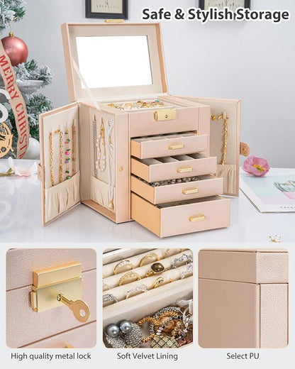 AKOZLIN 5-Tier Jewelry Box Leather Jewelry Storage Organizer with 4 Drawers Lockable for Women Girls Ring Necklace Earring Bracelet Watches Holder with Mirror Champagne