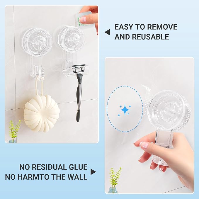 LUXEAR Suction Cup Hook, 2Pack Shower Suction Hanger, 1 Single & 1 Razor Waterproof Shower Hook for Bathroom