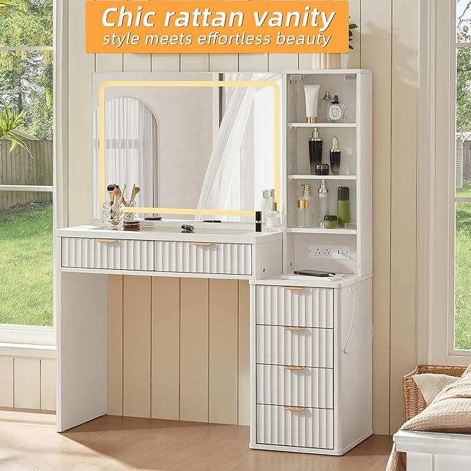 LEYAOYAO Vanity Desk with Mirror and Lights, 43.5'' Fluted Makeup Vanity with 6 Drawers and Adjustable Shelves, Wood TC Make Up Vanity Dressing Table with Glass Top and Power Outlet for Bedroom