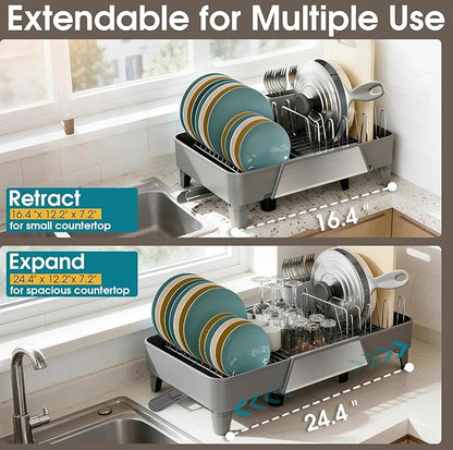 Large Expandable Dish Drying Rack, Dish Racks for Kitchen Counter, Space Saving & Rust Resistant Dish Drainer with Removable Drainboard & Utensil Holder, Adjustable Length 16.4 to 24.4 Inches