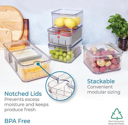 iDesign Crisp 5-Piece Recycled Plastic Refrigerator Organizer Bin Set with Lids, Clear/Gray