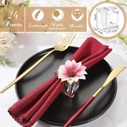 Meanplan 24 Pcs Flower Napkin Rings Clear Acrylic Napkin Holder Rings Bulk Square Flower Bud Vase Combo for Wedding, Birthday Banquet Table Decor, 1.77 x 1.97 Inch