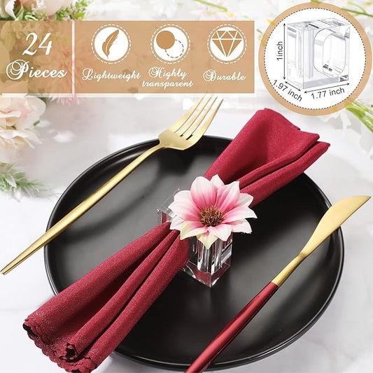 Meanplan 24 Pcs Flower Napkin Rings Clear Acrylic Napkin Holder Rings Bulk Square Flower Bud Vase Combo for Wedding, Birthday Banquet Table Decor, 1.77 x 1.97 Inch